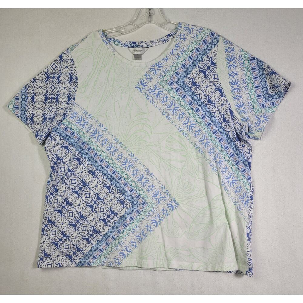 CJ Banks Top Women Size 2X Blue Green Gray Floral Tropical Pullover Blouse Beach